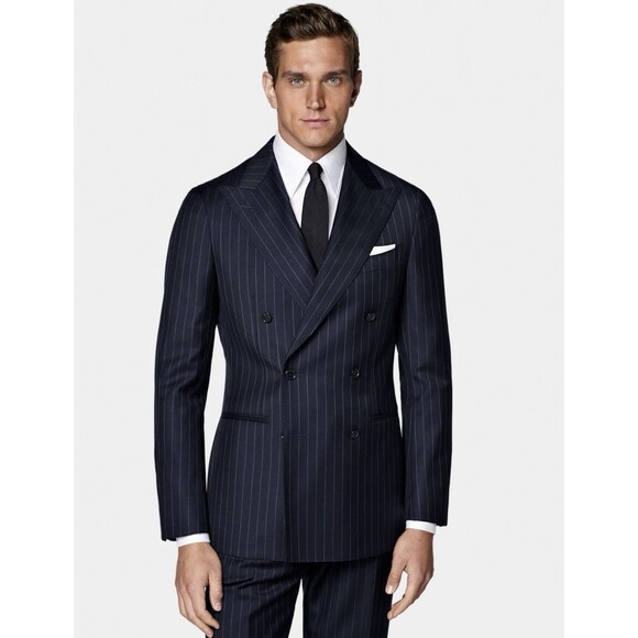 SUITSUPPLY Navy Striped 46R Double Breasted Havana Reda Super 140’s Wool Blazer